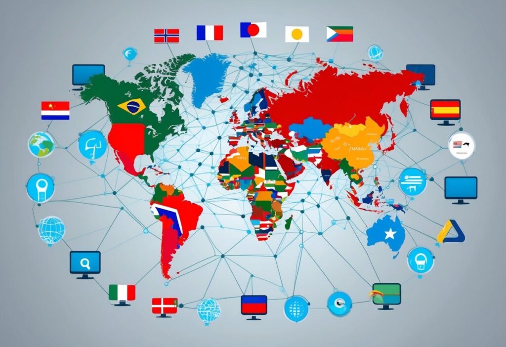 Um mapa global com várias bandeiras de países e símbolos de idiomas, cercado por uma rede de dispositivos digitais interconectados e ícones de mecanismos de busca.